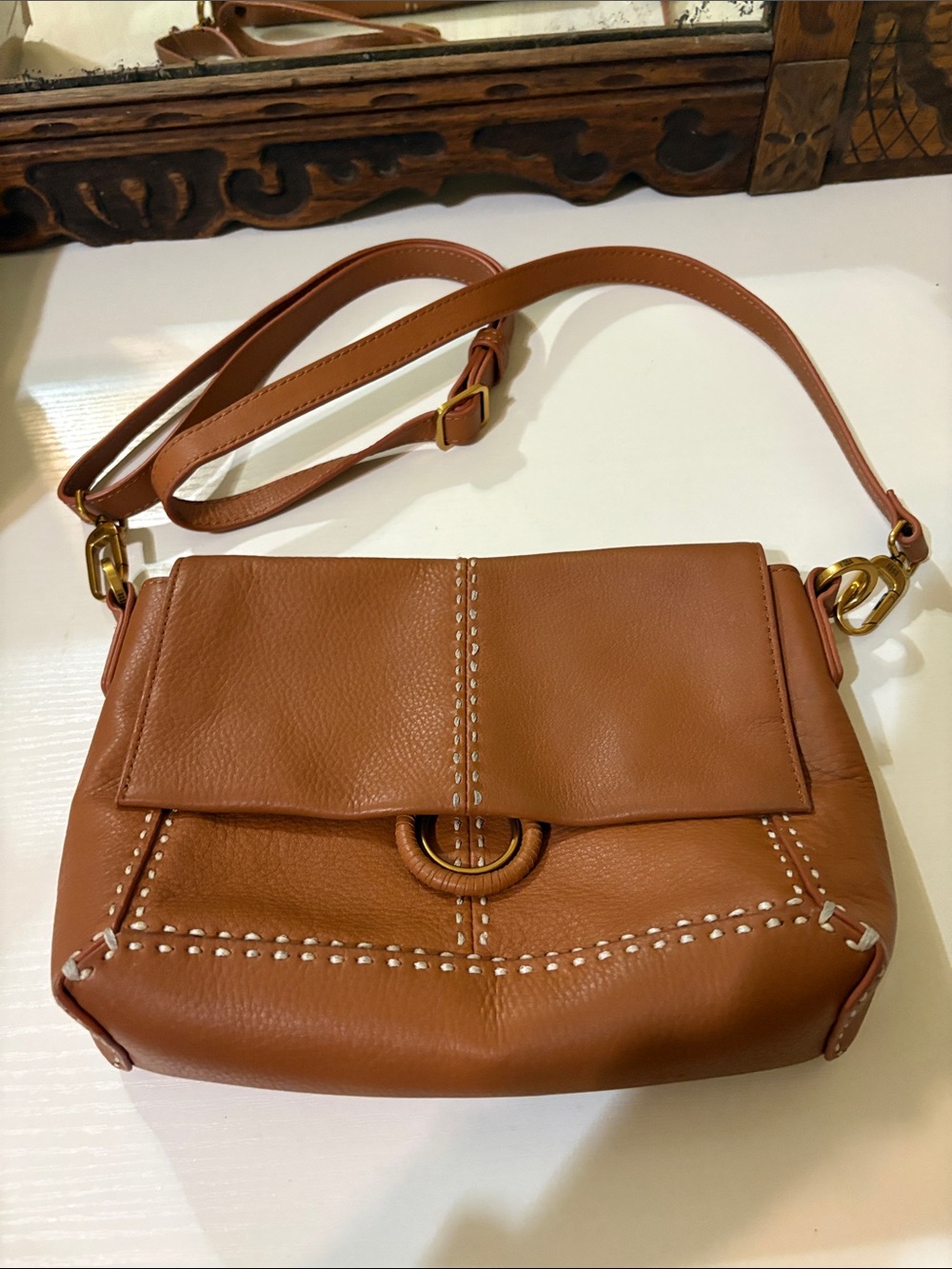 Leather Saddle Crossbody Bag in Tan